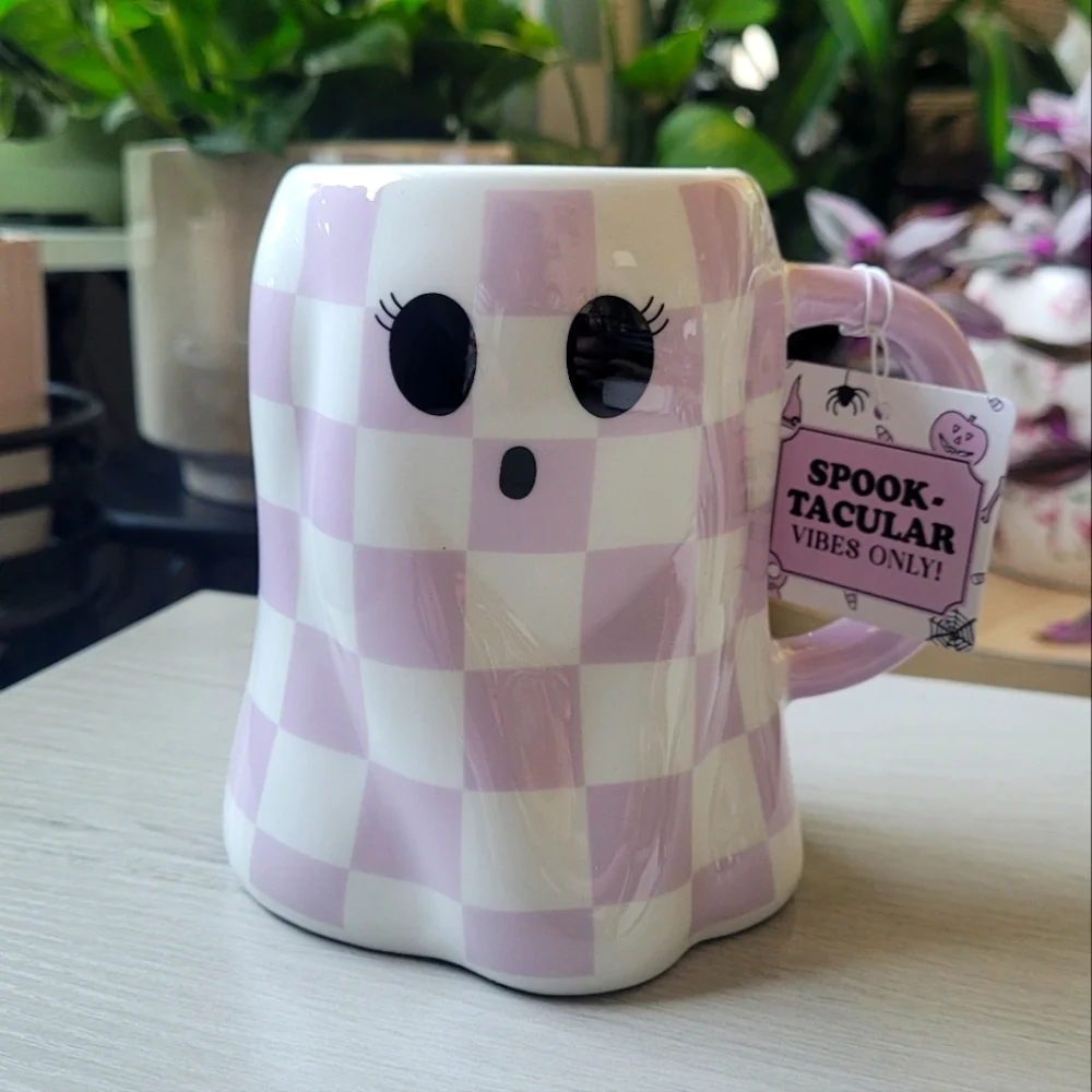 👻 SALE Ghost Mug Purple and White Checker by Sunday Morning - Picture 1 of 1